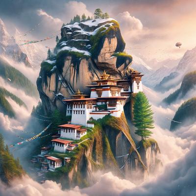 The primary subject of the image is a large, white building situated on top of a mountain. The building is surrounded by a lush green forest, and it appears to be a temple or a palace. The setting is a mountainous landscape with clouds in the background, creating a serene and majestic atmosphere. The visual style of the image is a combination of digital art and illustration, giving it a vibrant and detailed appearance. The colors and mood of the image are predominantly warm and inviting, with the white building and green forest creating a sense of harmony and tranquility.